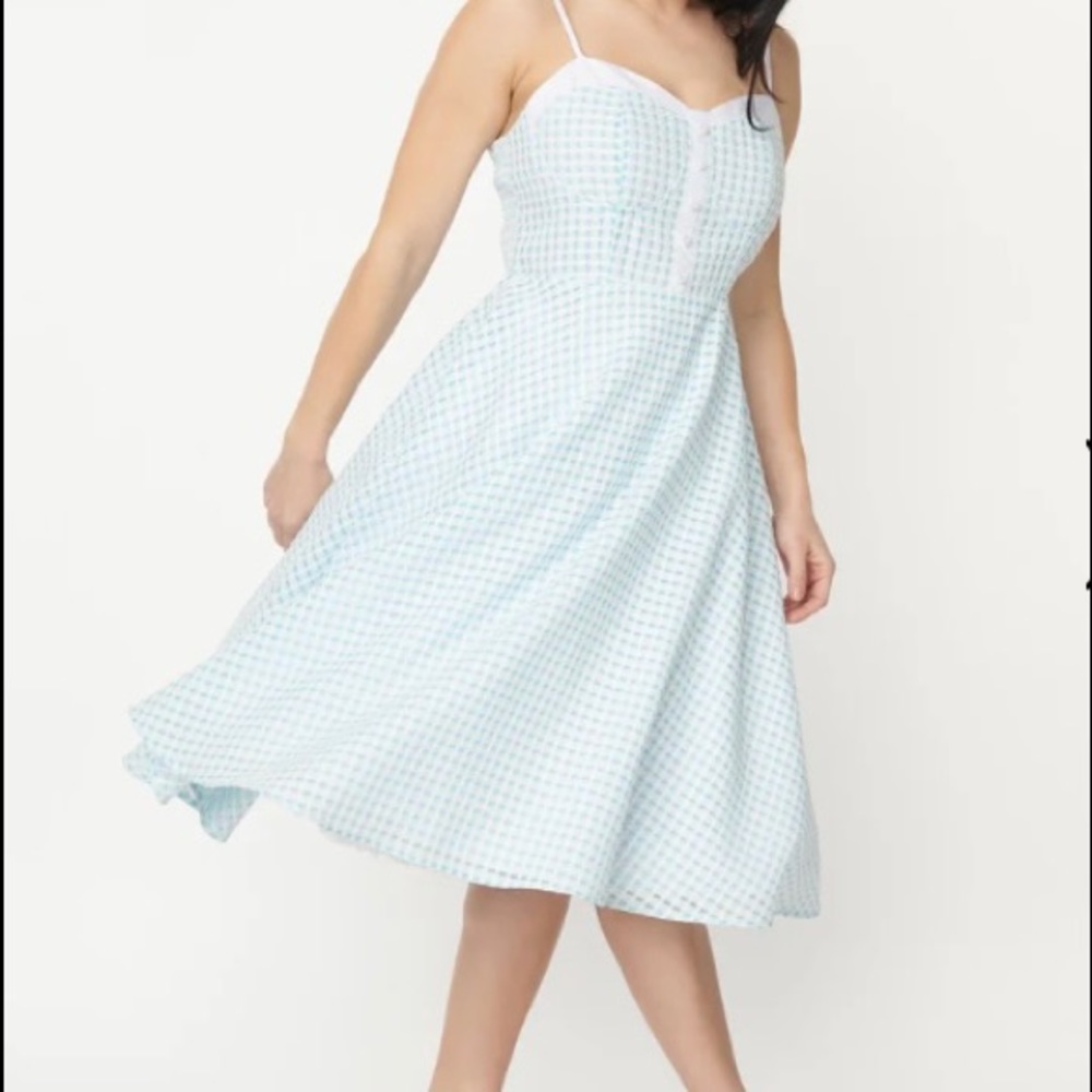 Unique Vintage Blue Textured Gingham Swing Dress